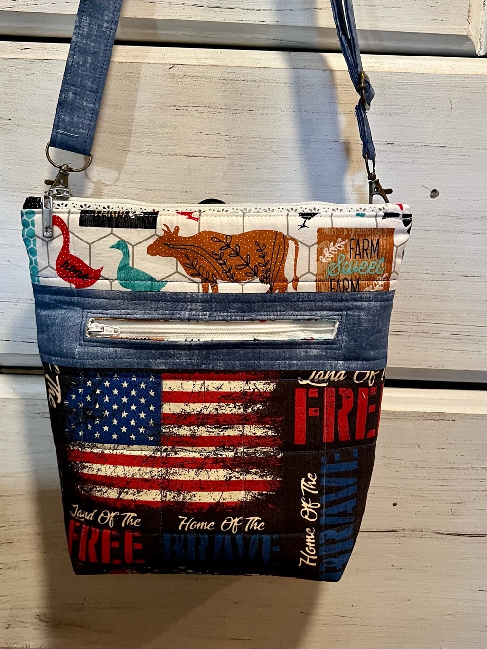 Handmade Patriotic USA Crossbody Purse Flag Farm Print Bag Pouch Key Fob Set